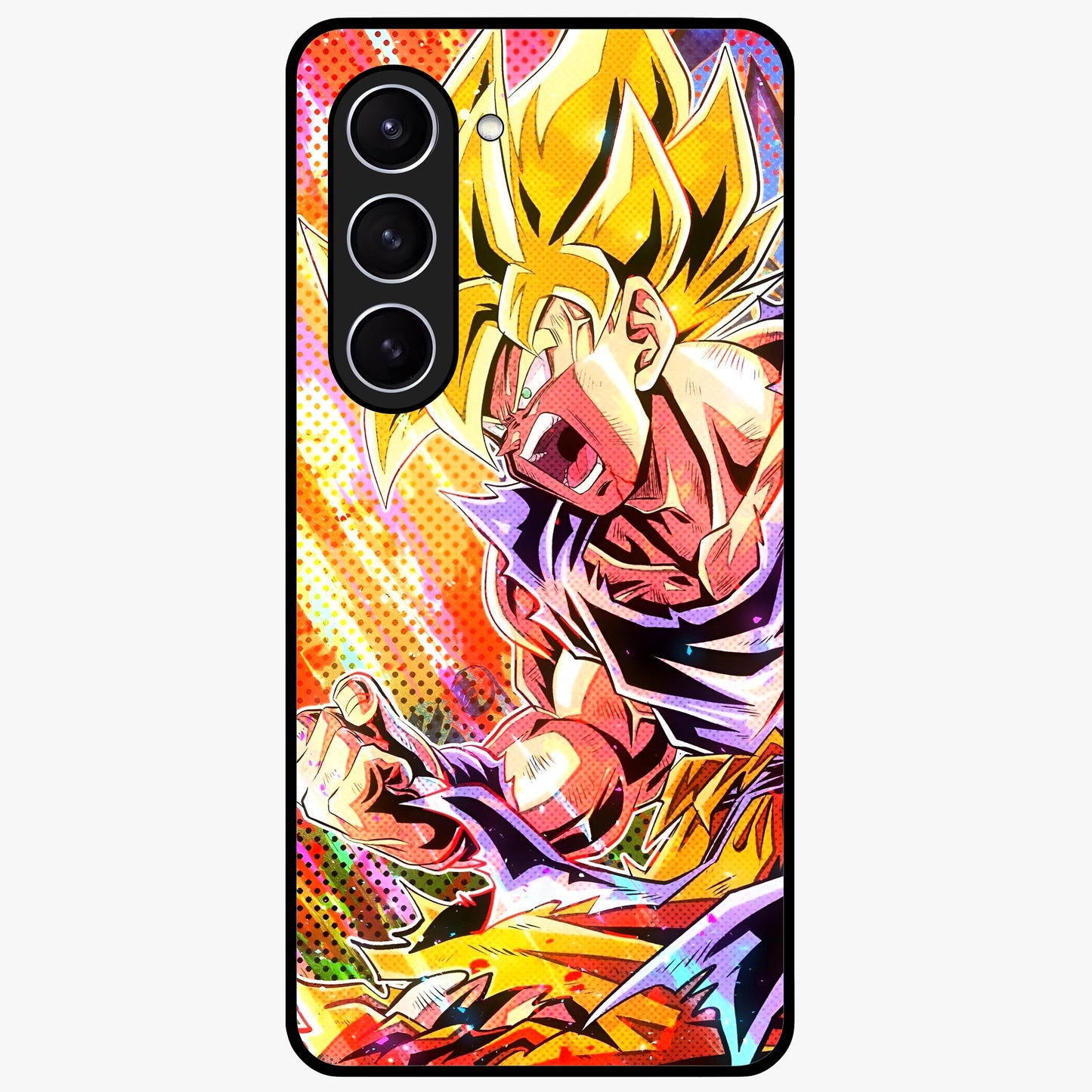 Firing Goku Glass Case showing flat back view with powerful anime inspired artwork and glossy glass finish.