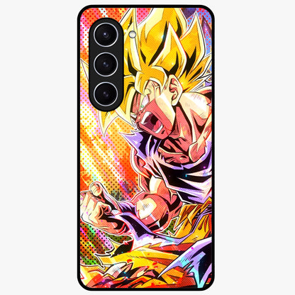 Firing Goku Glass Case showing flat back view with powerful anime inspired artwork and glossy glass finish.
