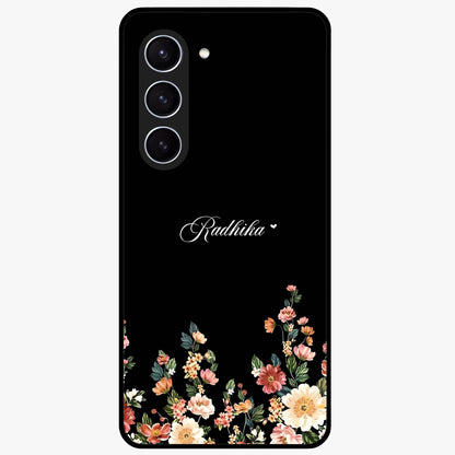 Floral Design With a Custom Personalized Name Glass Case showing flat back view with floral artwork and personalized name design.