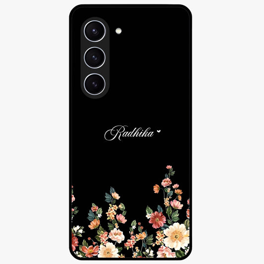 Floral Design With a Custom Personalized Name Glass Case showing flat back view with floral artwork and personalized name design.