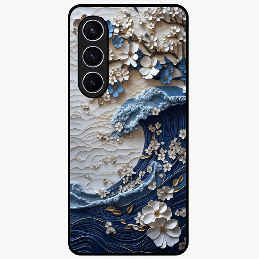 Floral Wave Origami Glass Case showing flat back view with origami inspired floral wave artwork and glossy glass finish.
