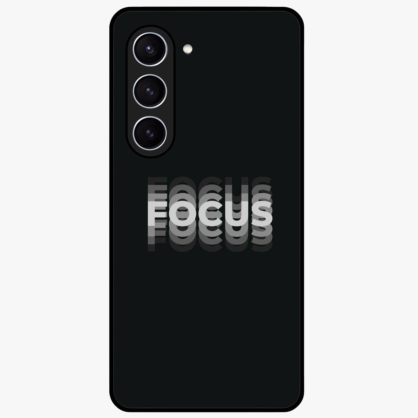 Focus Mode On Glass Case showing flat back view with bold motivational typography design and glossy glass finish.