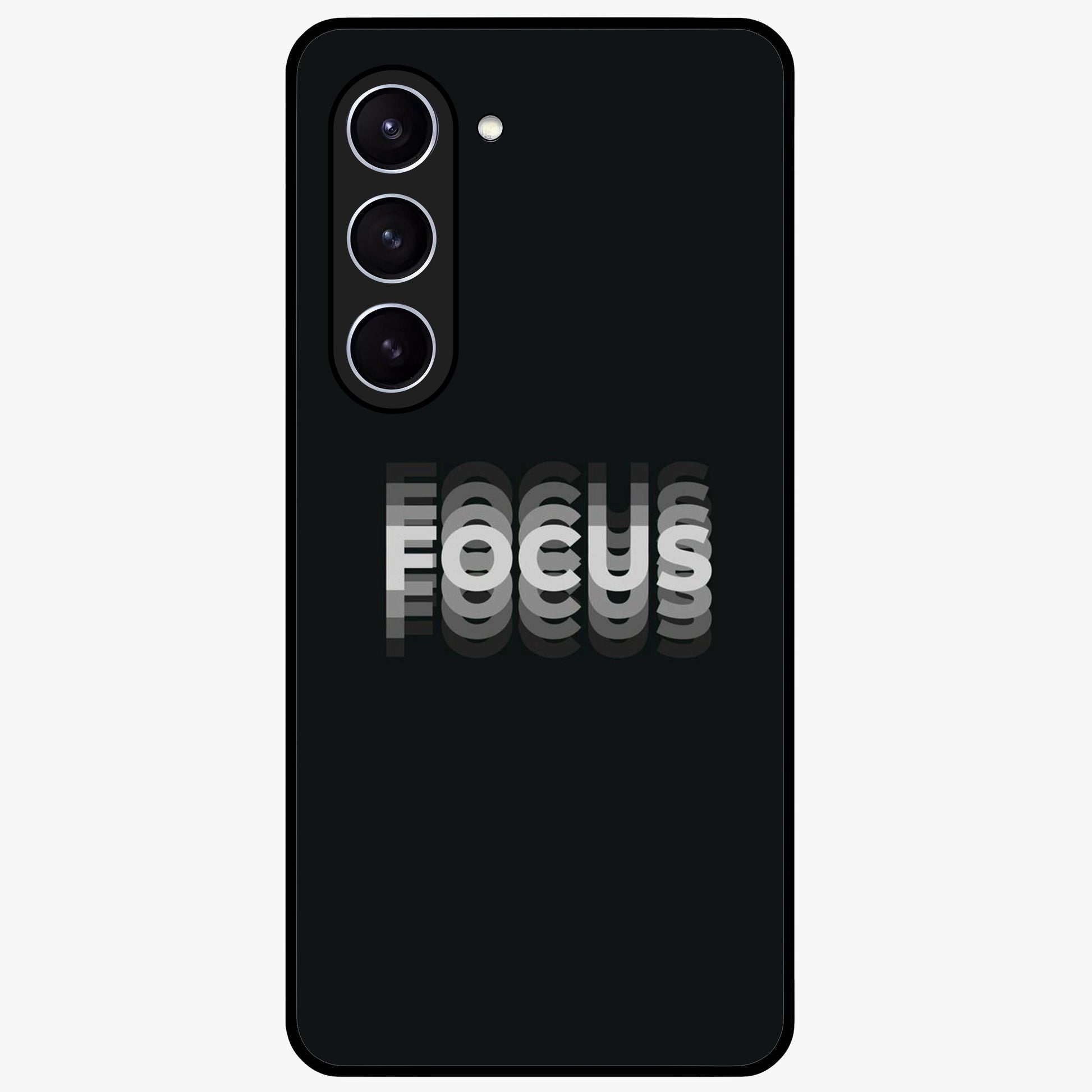 Focus Mode On Glass Case showing flat back view with bold motivational typography design and glossy glass finish.
