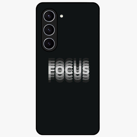 Focus Mode On Glass Case showing flat back view with bold motivational typography design and glossy glass finish.