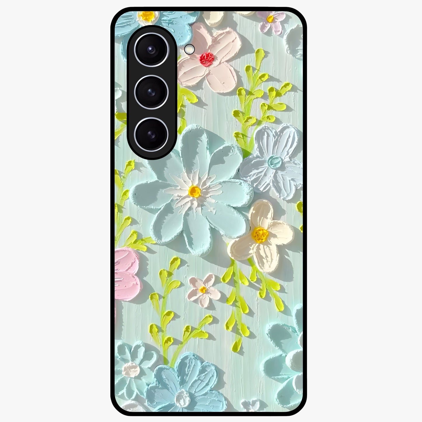 Frosted Petal Garden Glass Case showing flat back view with soft frosted floral artwork and glossy glass finish.