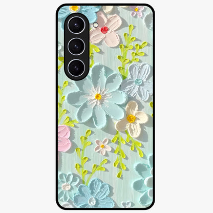 Frosted Petal Garden Glass Case showing flat back view with soft frosted floral artwork and glossy glass finish.