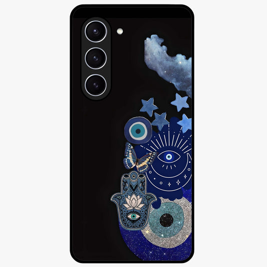 Galactic Charm Cluster Glass Case showing flat back view with glowing celestial charm artwork and glossy glass finish.