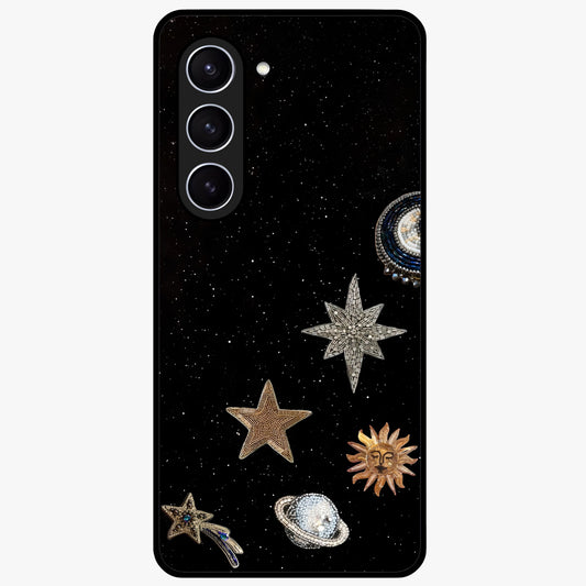 Galactic Charm Glow Glass Case showing flat back view with glowing celestial charm artwork and glossy glass finish.