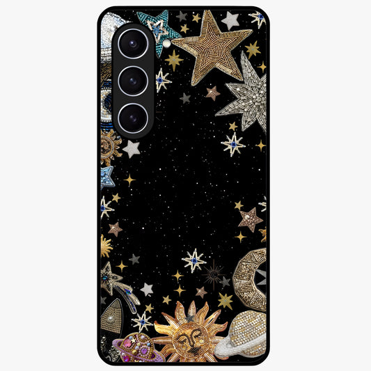 Galactic Jewel Stars Glass Case showing flat back view with sparkling star jewel artwork and glossy glass finish.