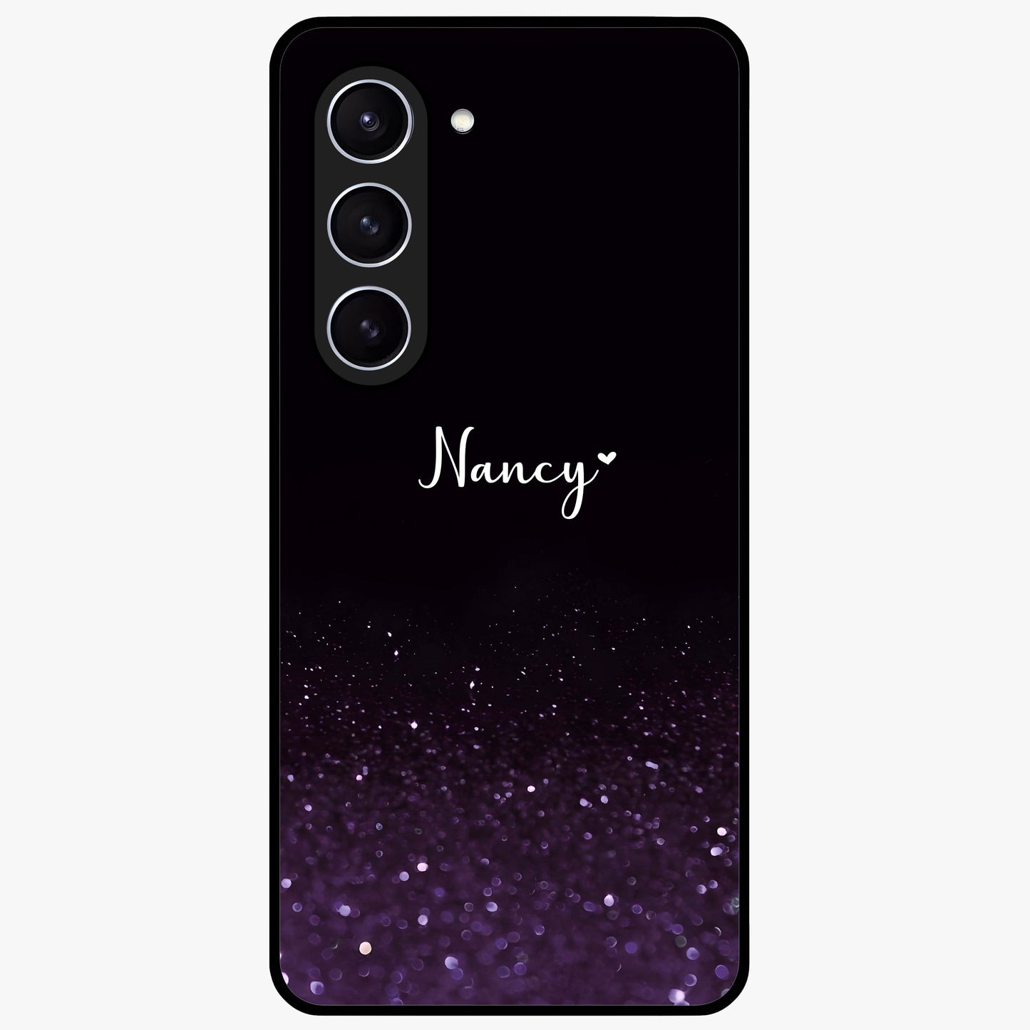 Glittery Purple Bokeh Custom Name Glass Case showing flat back view with purple bokeh sparkle artwork and personalized name design.