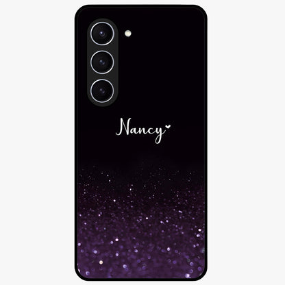 Glittery Purple Bokeh Custom Name Glass Case showing flat back view with purple bokeh sparkle artwork and personalized name design.