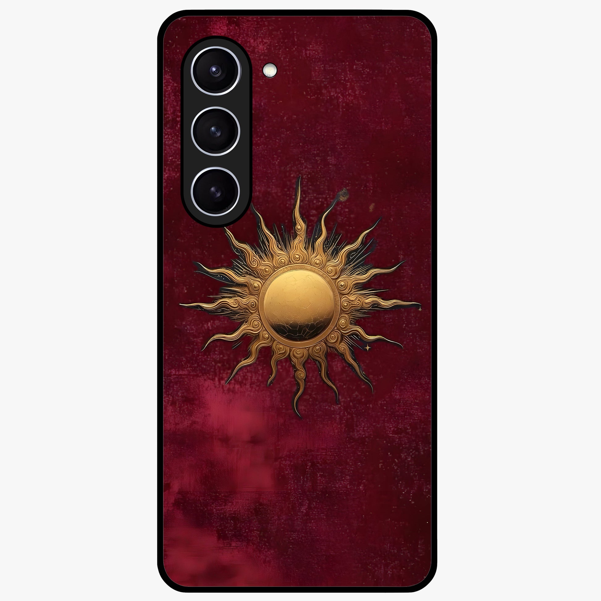 Gold Sun Blush Glass Case showing flat back view with golden sun inspired artwork and glossy glass finish.