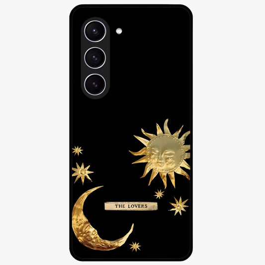 Golden Celestial Charm Glass Case showing flat back view with golden celestial charm artwork and glossy glass finish.