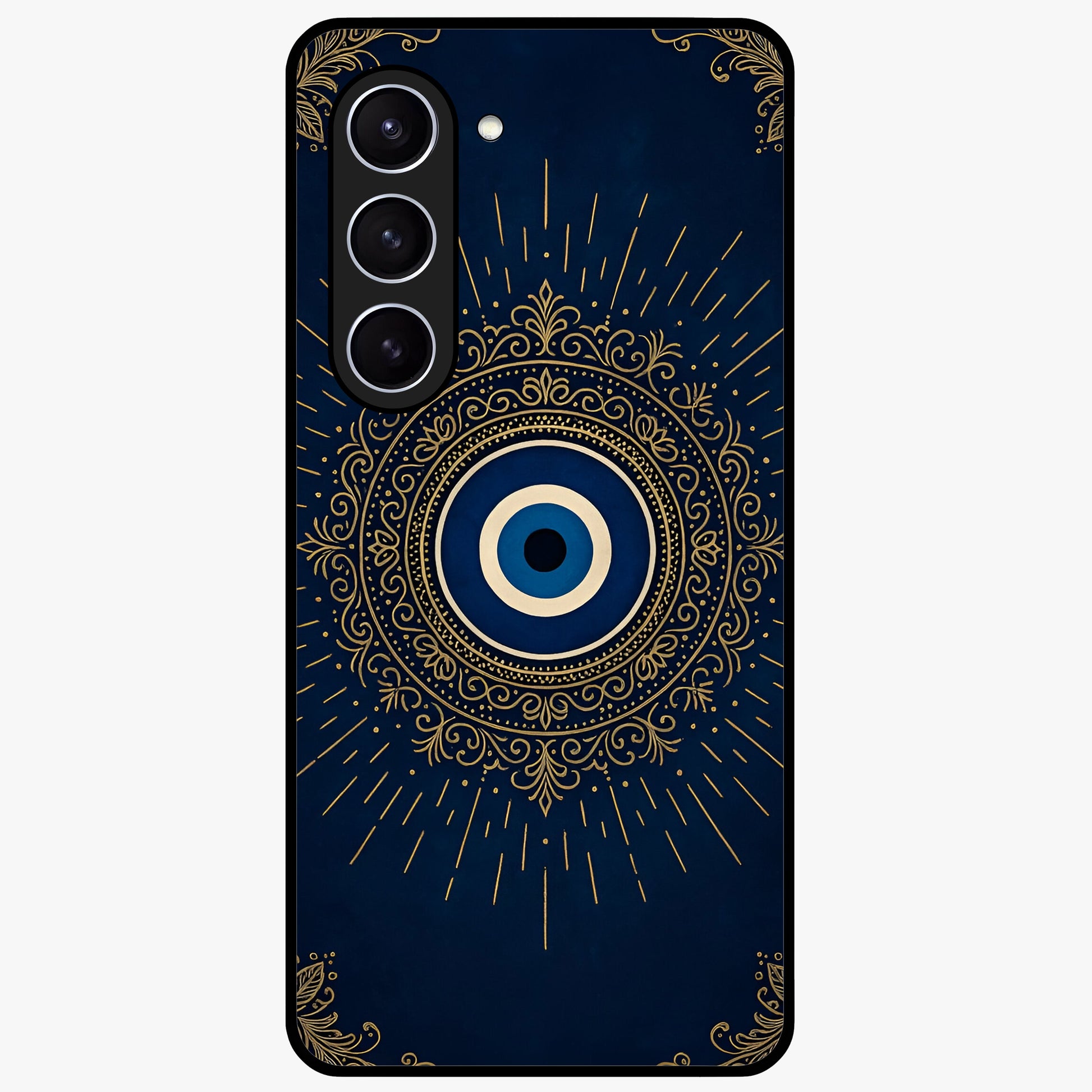 Golden Evil Eye Mandala Glass Case showing flat back view with intricate evil eye mandala artwork and glossy glass finish.