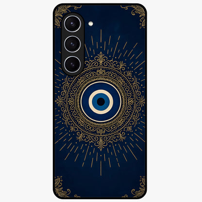 Golden Evil Eye Mandala Glass Case showing flat back view with intricate evil eye mandala artwork and glossy glass finish.