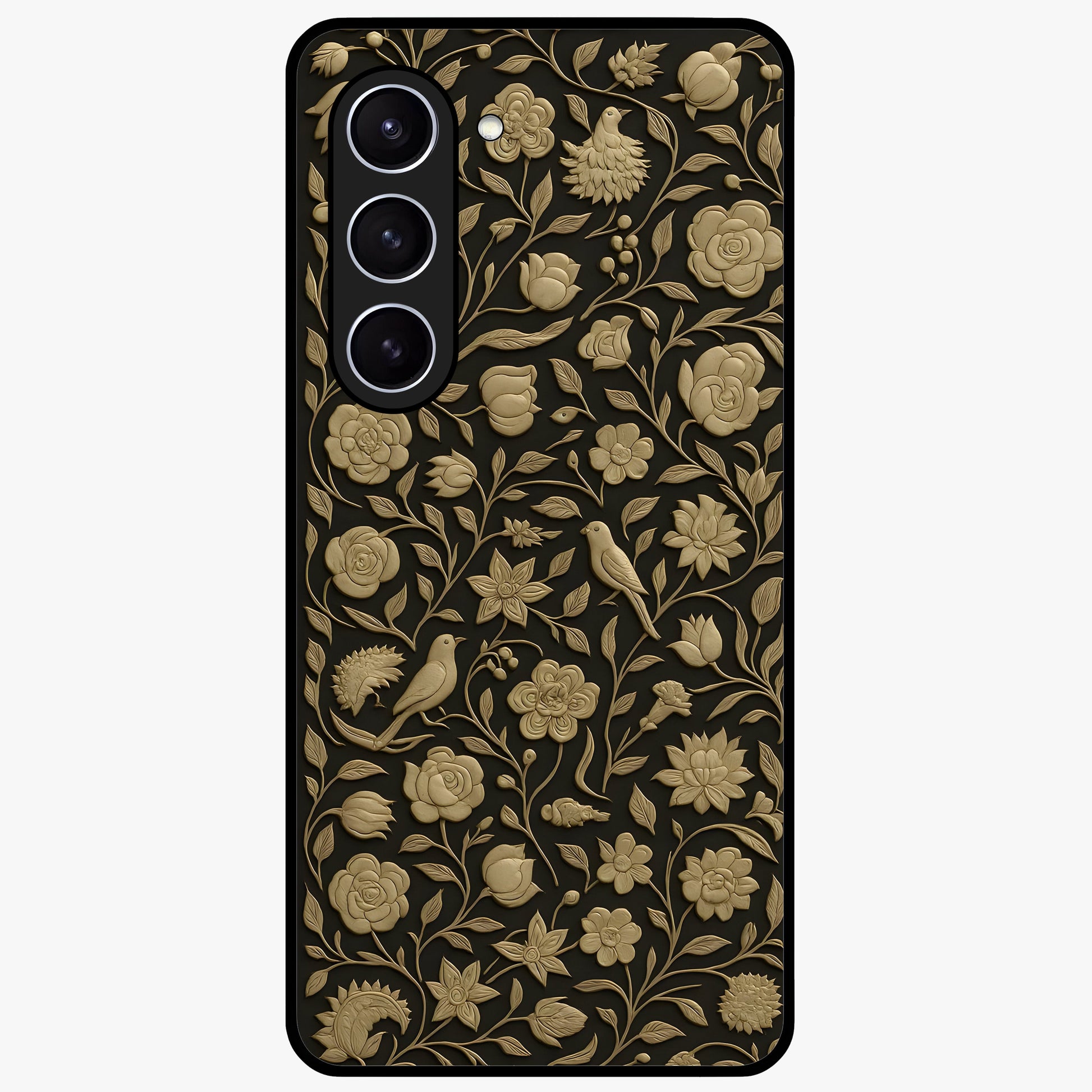 Golden Floral Majesty Glass Case showing flat back view with luxurious golden floral artwork and glossy glass finish.