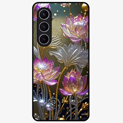 Golden Lotus Glow Glass Case showing flat back view with glowing lotus flower artwork and glossy glass finish.