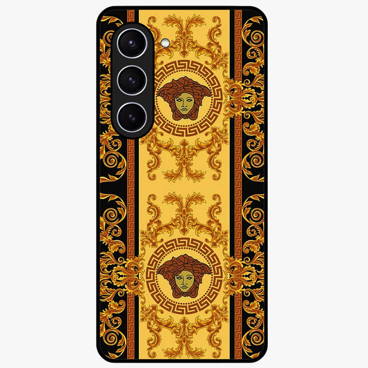 Golden Royal Heritage Glass Case showing flat back view with ornate royal pattern artwork and glossy glass finish.