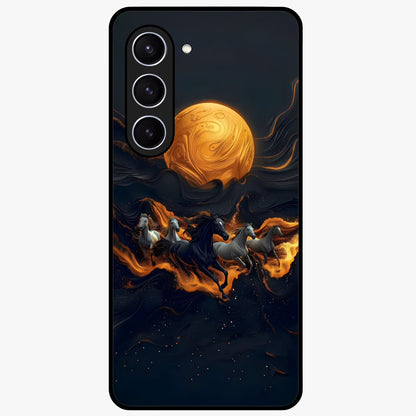 Golden Stallion Moonride Glass Case showing flat back view with majestic horse under moonlight artwork and glossy glass finish.