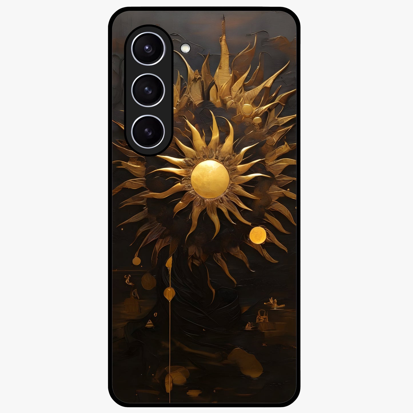Golden Sun Majesty Glass Case showing flat back view with radiant golden sun artwork and glossy glass finish.