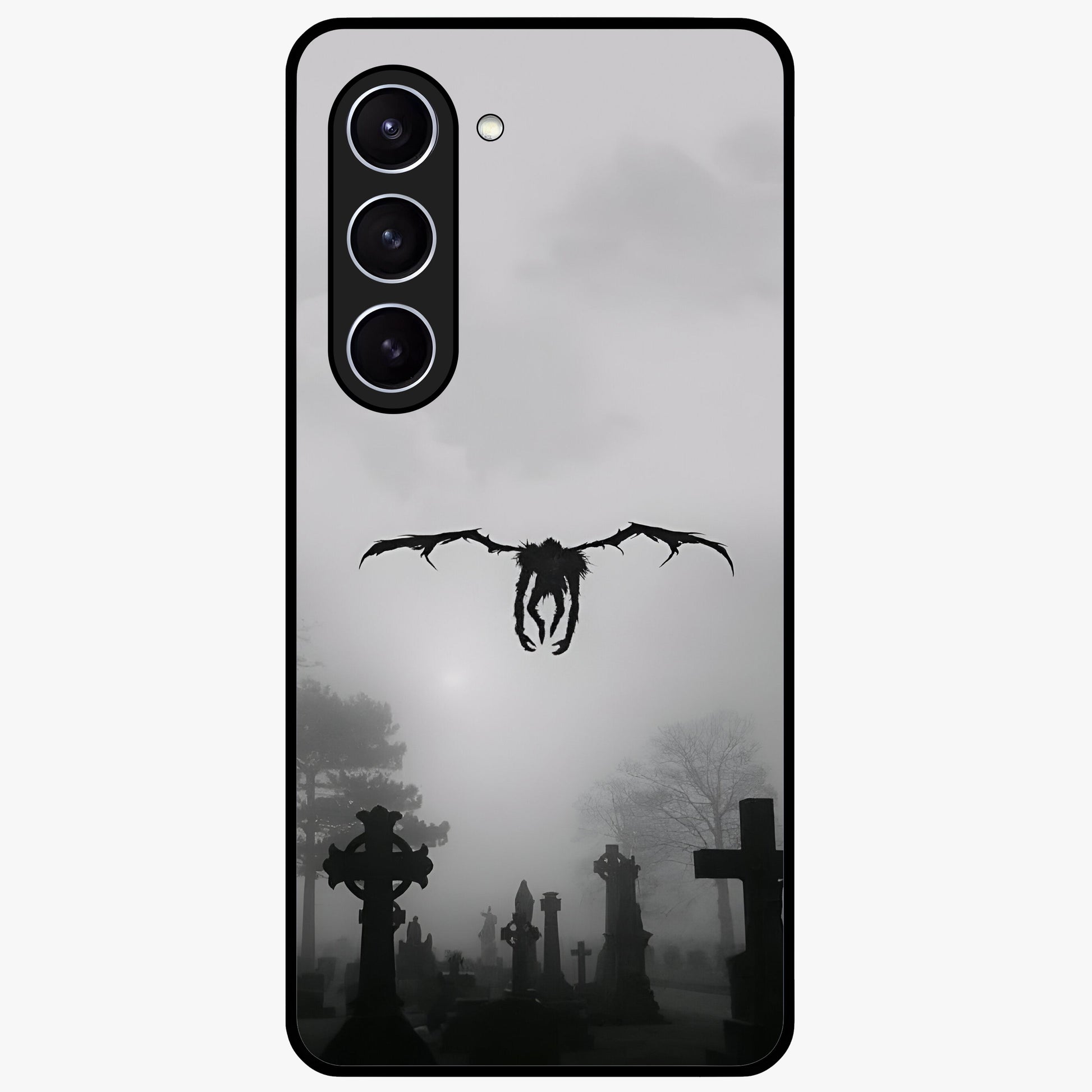 Graveyard Shadow Descent Glass Case showing flat back view with dark graveyard themed artwork and glossy glass finish.