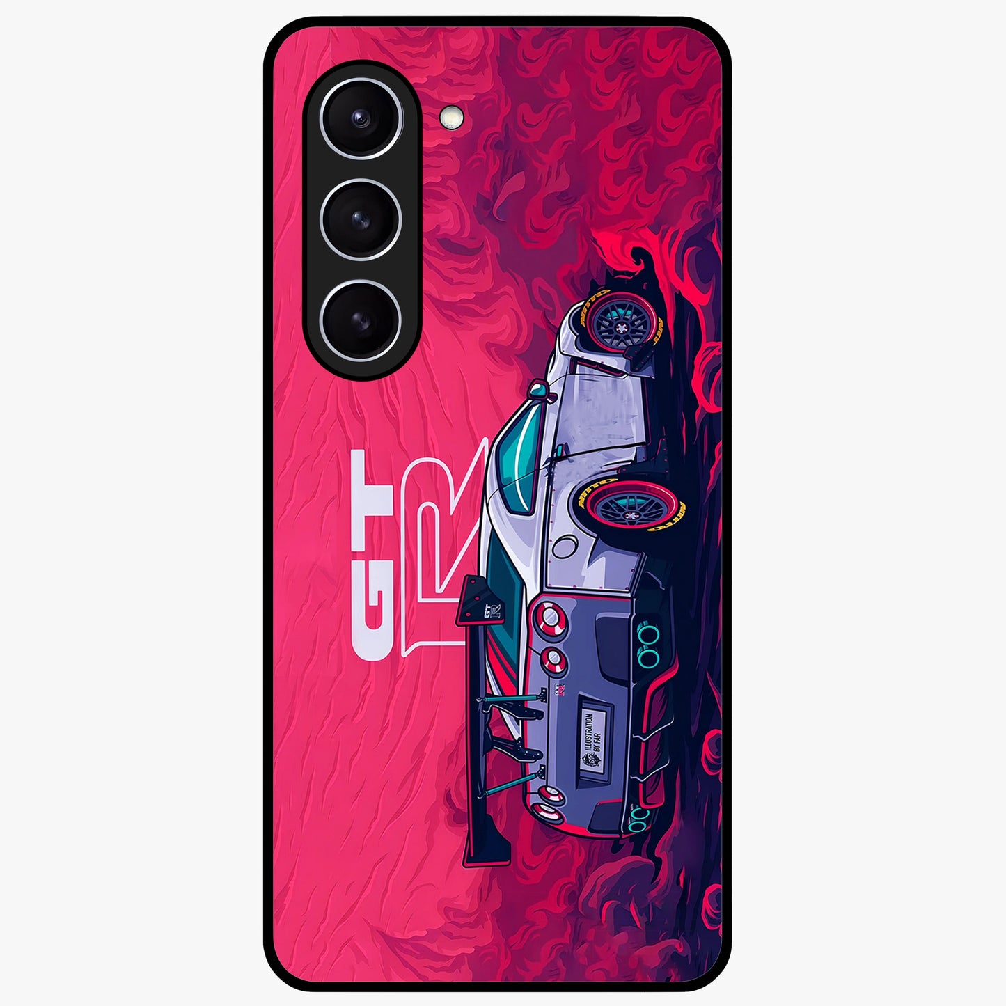 GT-R Car Pattern Glass Case showing flat back view with sporty car inspired pattern artwork and glossy glass finish.