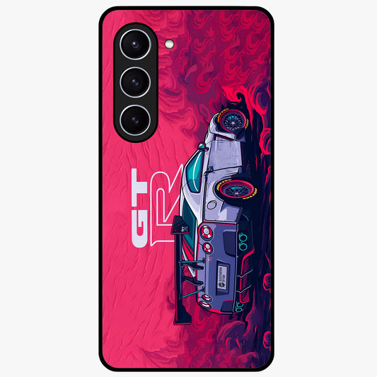 GT-R Car Pattern Glass Case showing flat back view with sporty car inspired pattern artwork and glossy glass finish.
