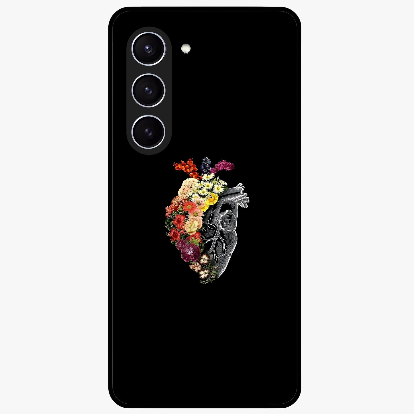 Heart With Flowers Glass Case showing flat back view with heart shaped floral artwork and glossy glass finish.