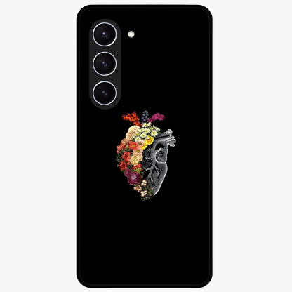 Heart With Flowers Glass Case showing flat back view with heart shaped floral artwork and glossy glass finish.