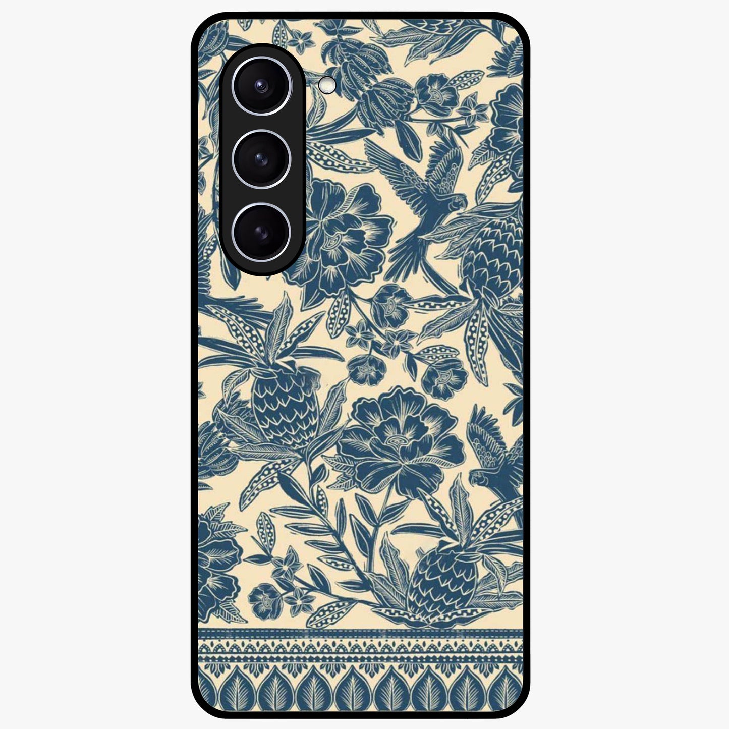 Heirloom Wild Bloom Glass Case showing flat back view with vintage inspired wild flower artwork and glossy glass finish.