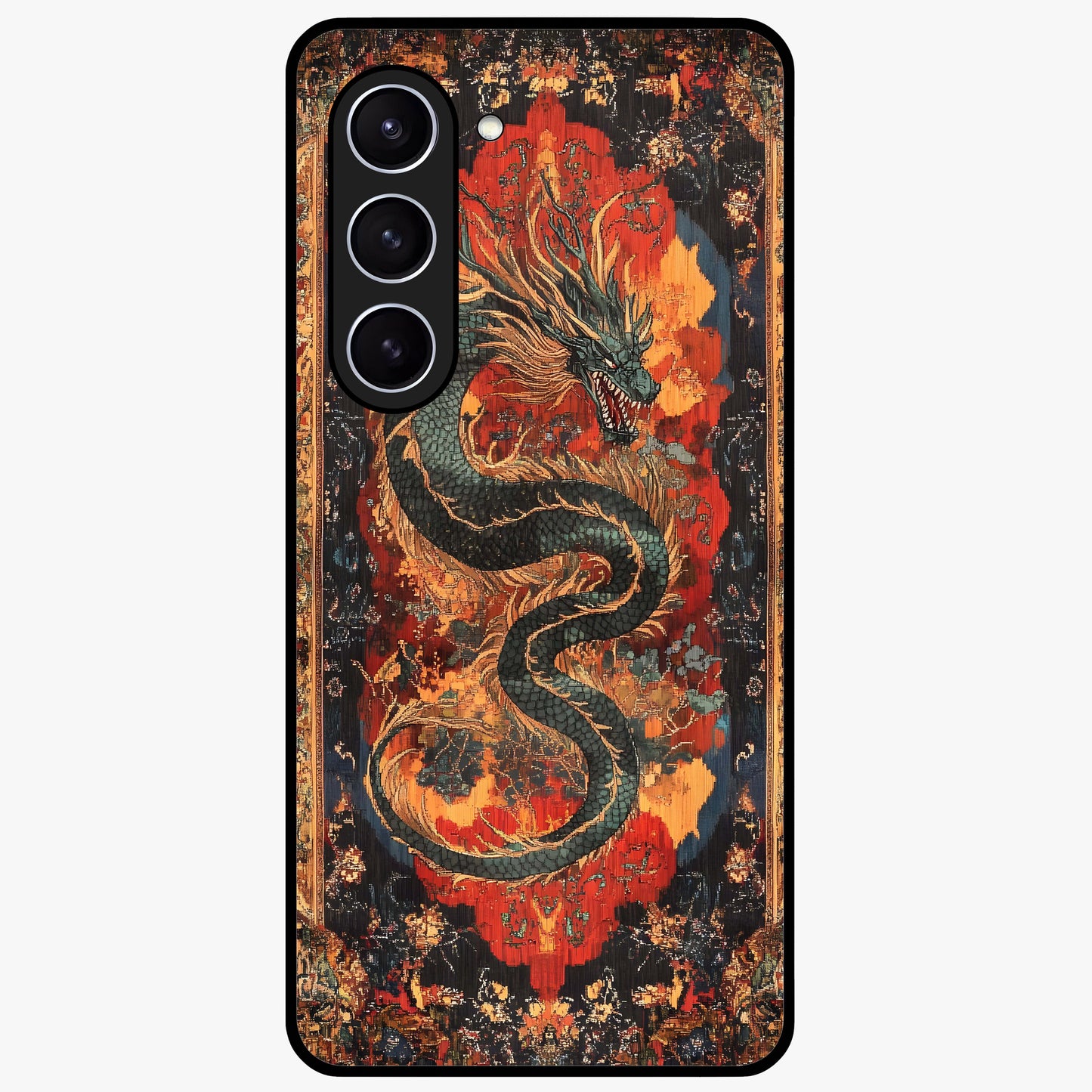 Inferno Dragon Soul Glass Case showing flat back view with fiery dragon artwork and glossy glass finish.