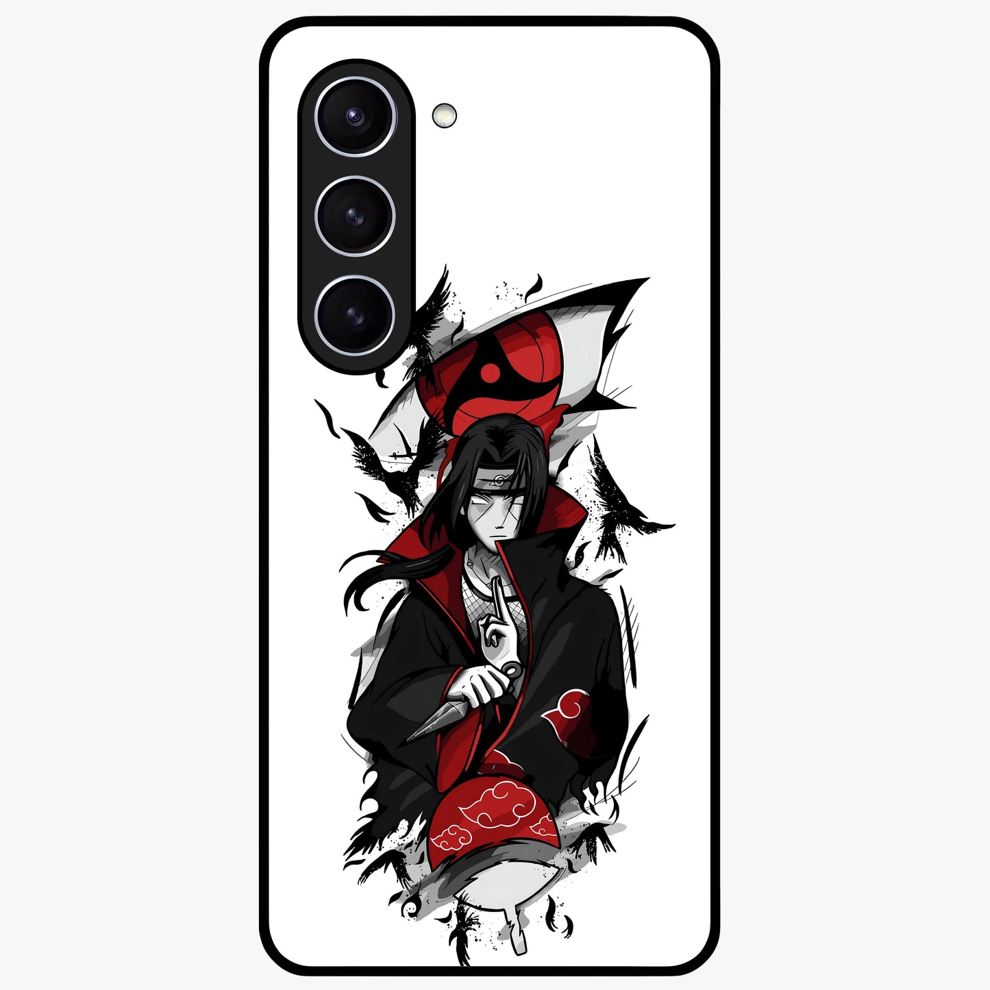 Itachi Sharingan Glass Case showing flat back view with powerful anime eye artwork and glossy glass finish.