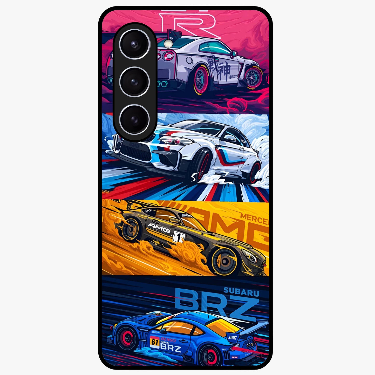 JDM Sports Car Glass Case showing flat back view with high performance sports car artwork and glossy glass finish.