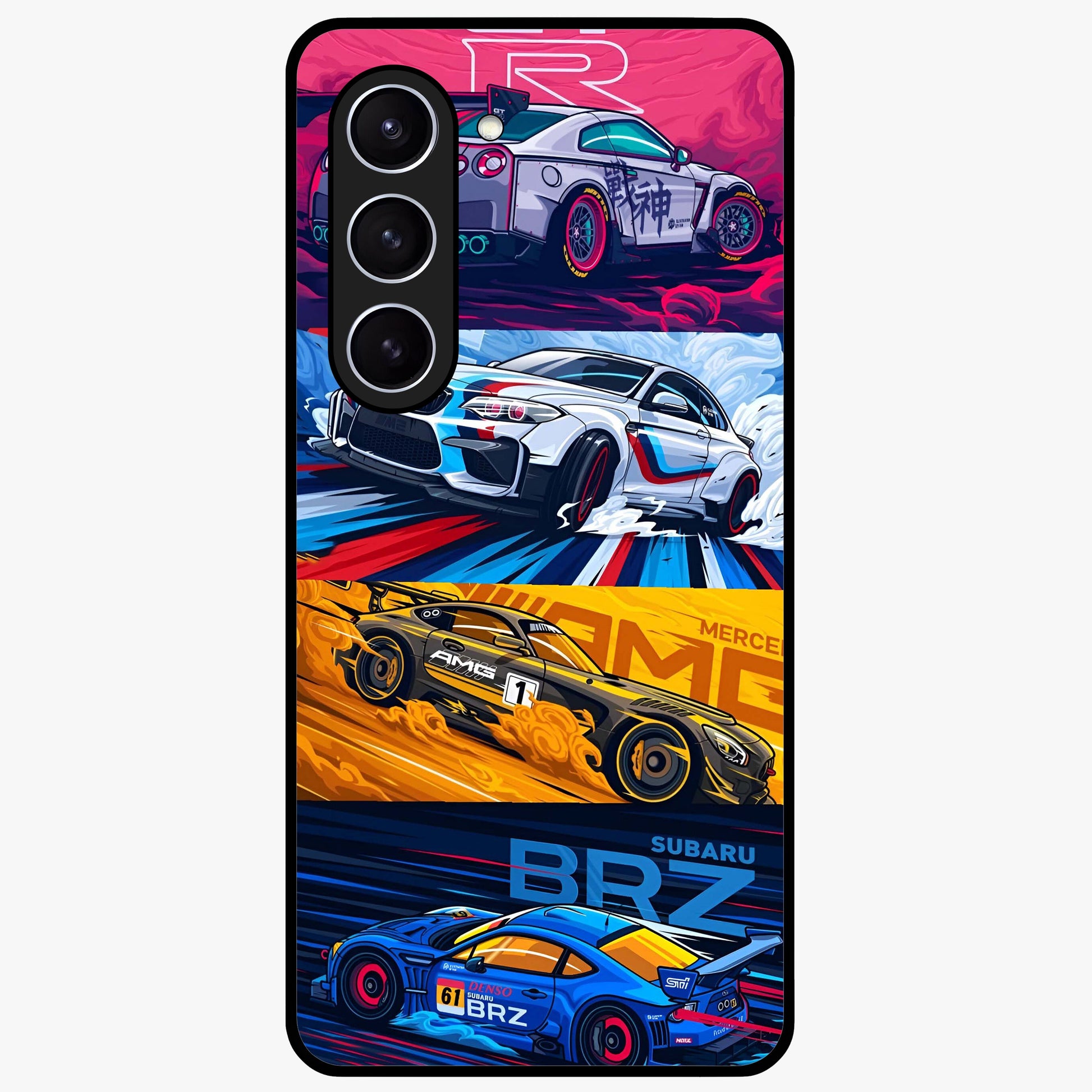 JDM Sports Car Glass Case showing flat back view with high performance sports car artwork and glossy glass finish.