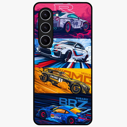 JDM Sports Car Glass Case showing flat back view with high performance sports car artwork and glossy glass finish.