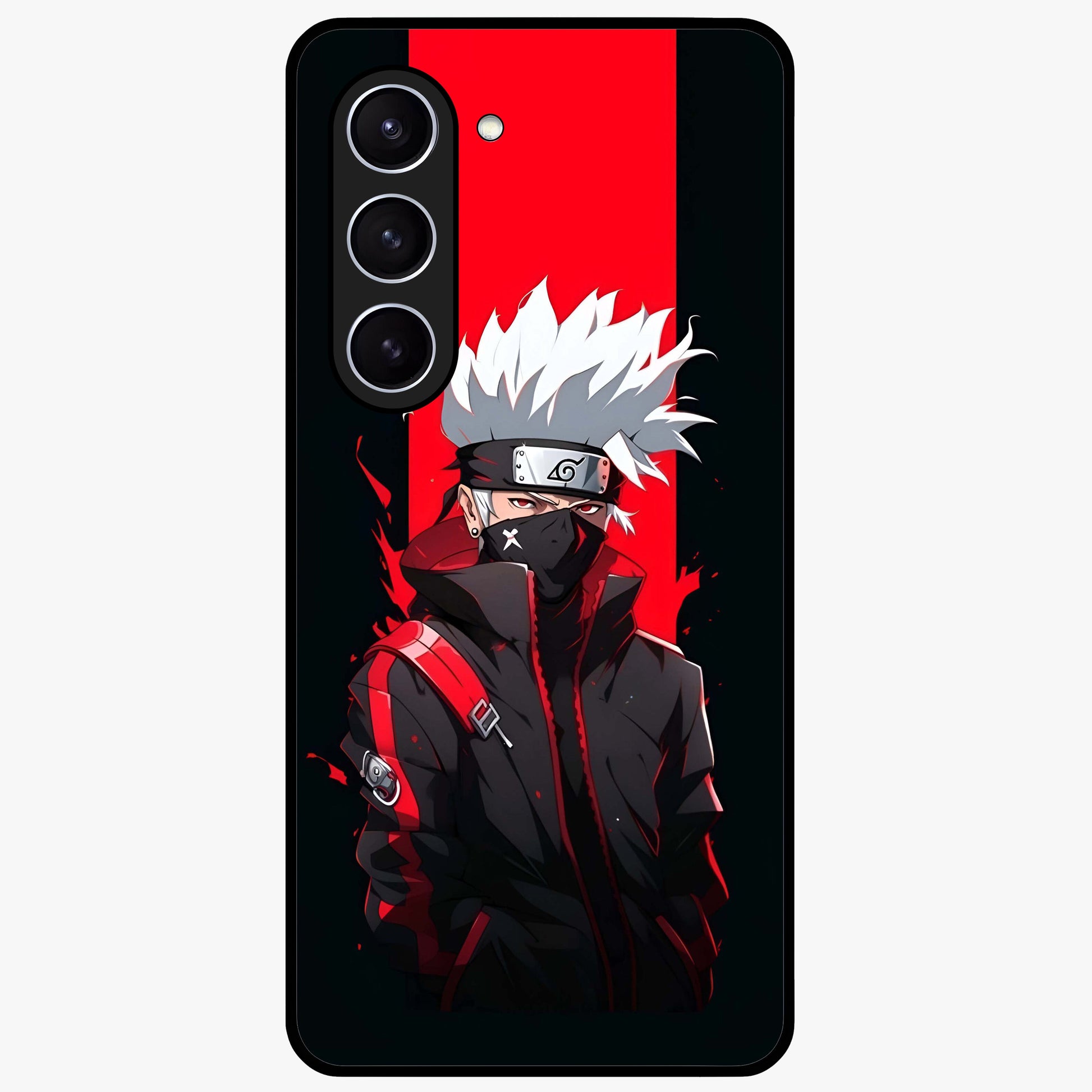 Kakashi Scarlet Shadow Glass Case showing flat back view with powerful anime ninja artwork and glossy glass finish.