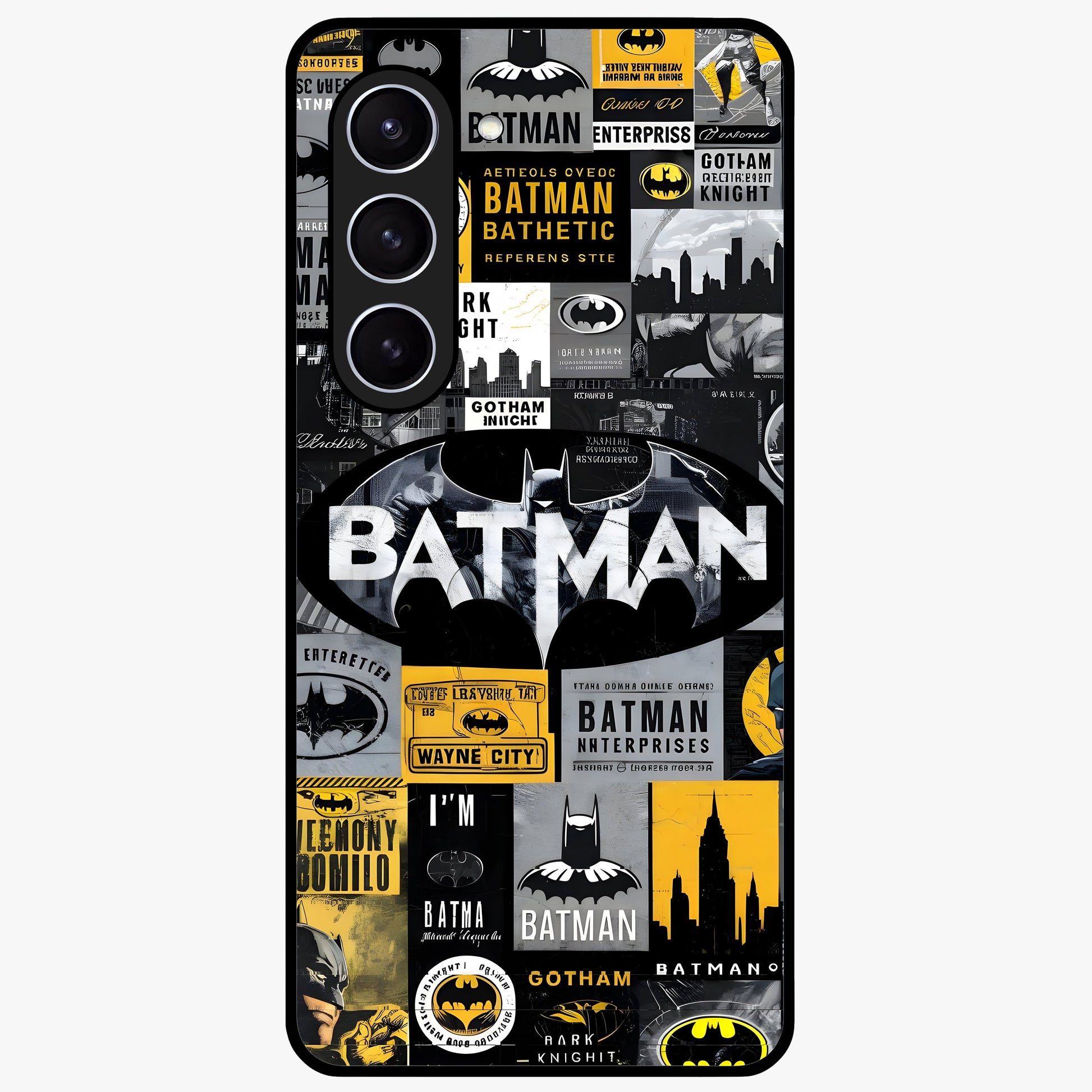 Knight Gotham Rise Glass Case showing flat back view with dark hero inspired artwork and glossy glass finish.
