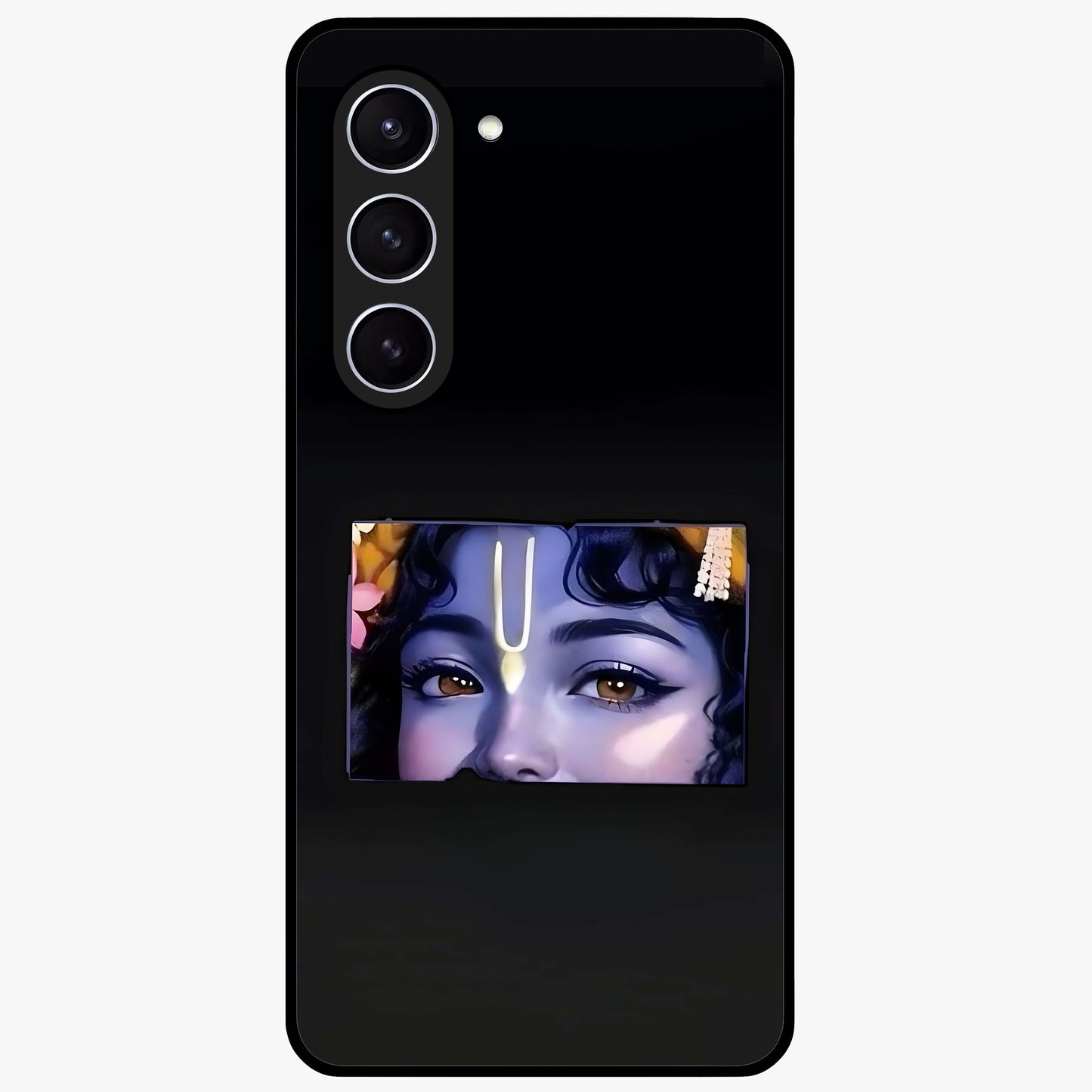Krishna Divine Embrace Glass Case showing flat back view with Lord Krishna devotional artwork and glossy glass finish.