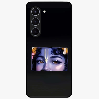 Krishna Divine Embrace Glass Case showing flat back view with Lord Krishna devotional artwork and glossy glass finish.