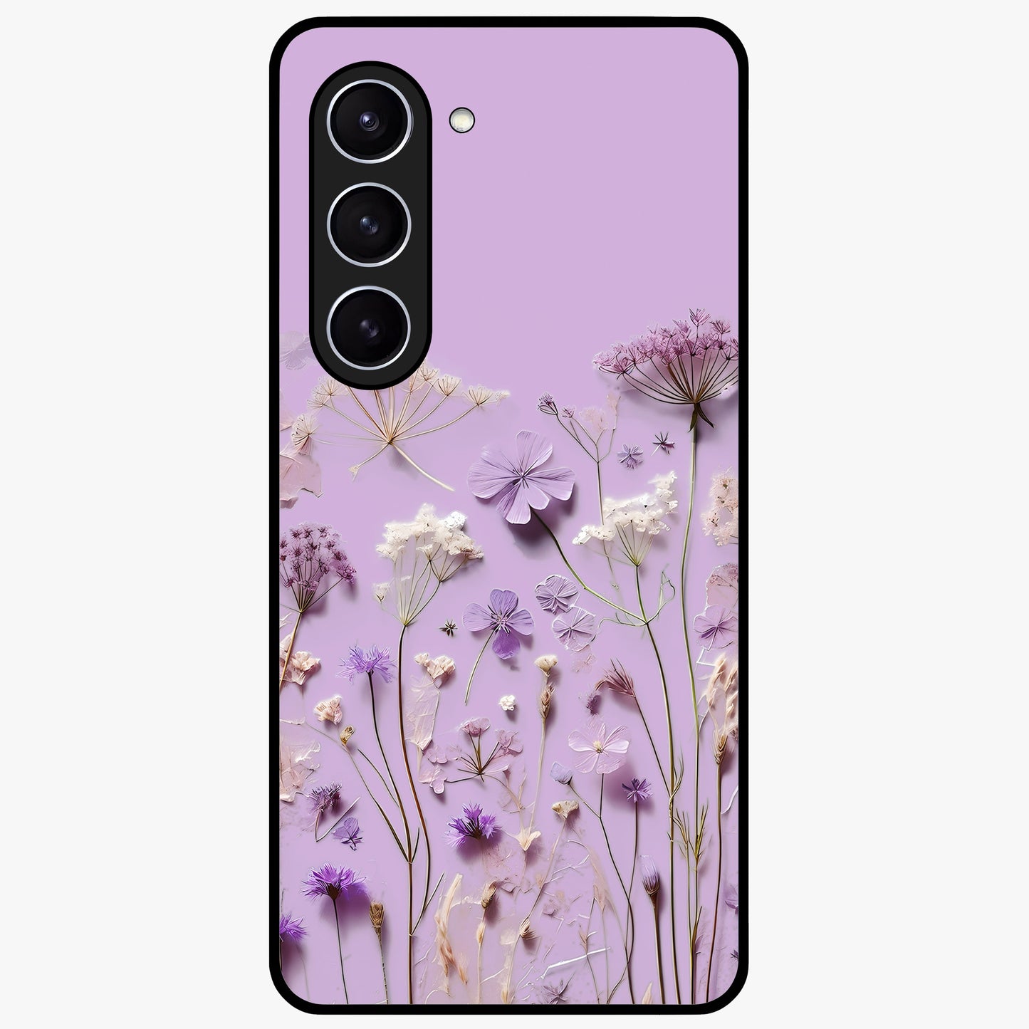 Lavender Blossom Dream Glass Case showing flat back view with soft lavender floral artwork and glossy glass finish.