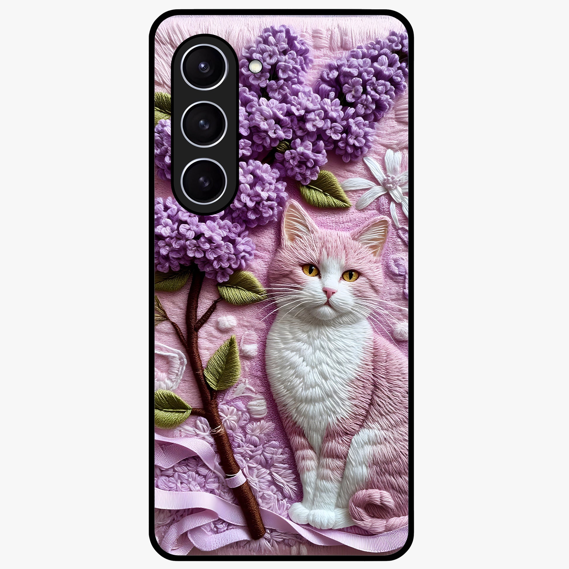 Lavender Cat Whimsy Glass Case showing flat back view with cute lavender cat artwork and glossy glass finish.