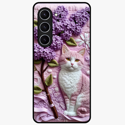 Lavender Cat Whimsy Glass Case showing flat back view with cute lavender cat artwork and glossy glass finish.