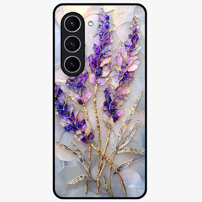Lavender Dream Glow Glass Case showing flat back view with glowing lavender aesthetic artwork and glossy glass finish.