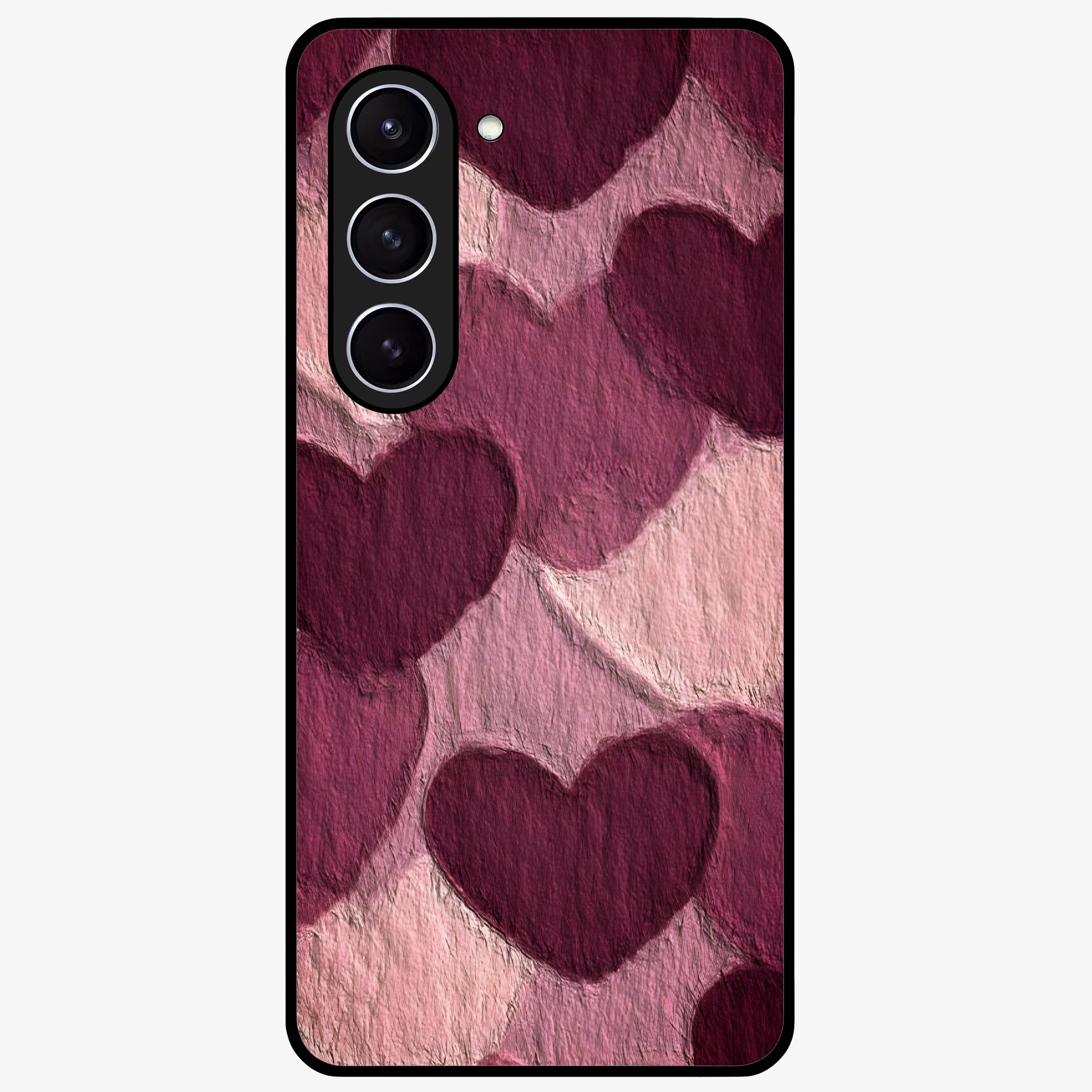 Layered Paper Hearts Glass Case showing flat back view with layered paper heart artwork and glossy glass finish.
