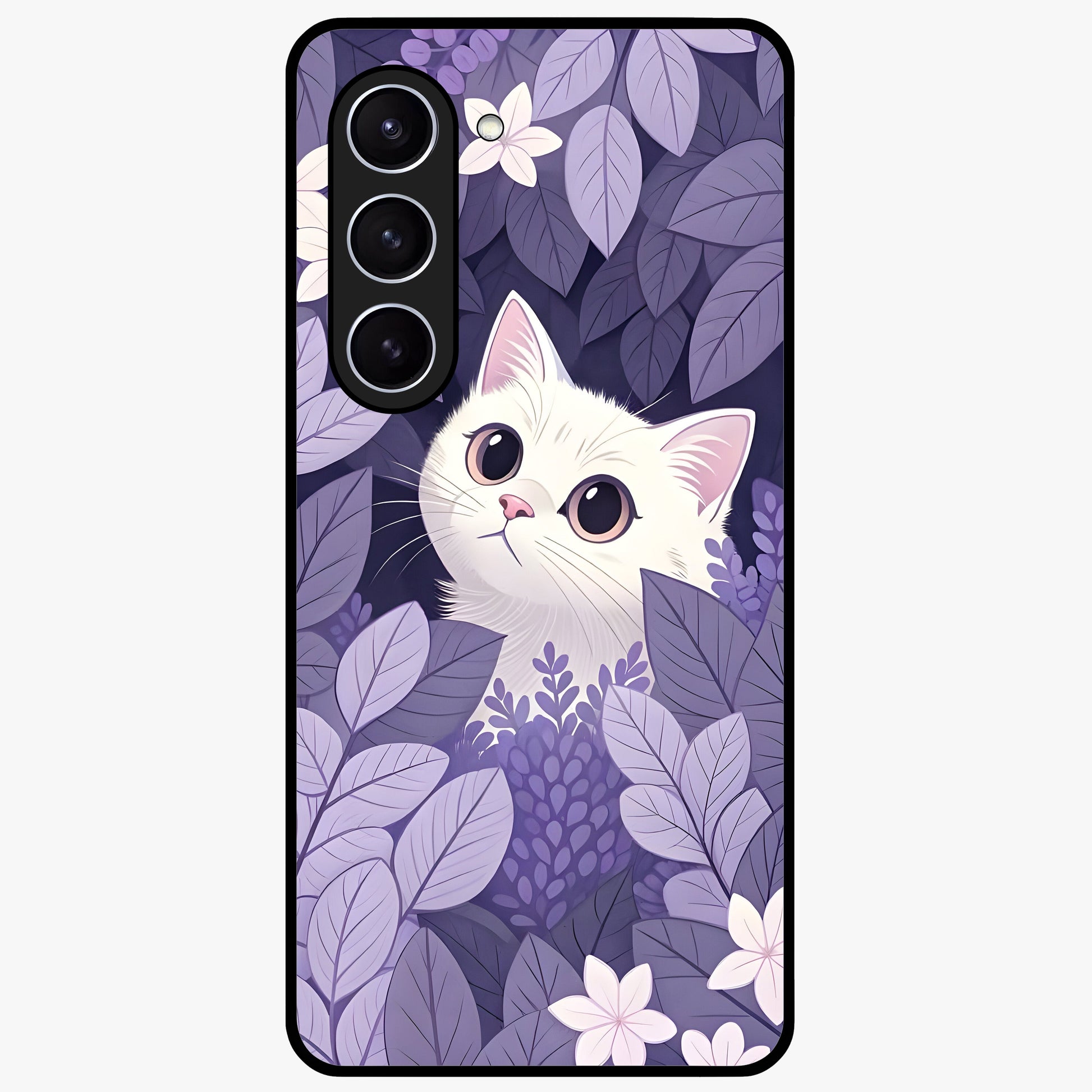 Lilac Hide Peek Cat Glass Case showing flat back view with cute peeking cat artwork and glossy glass finish.