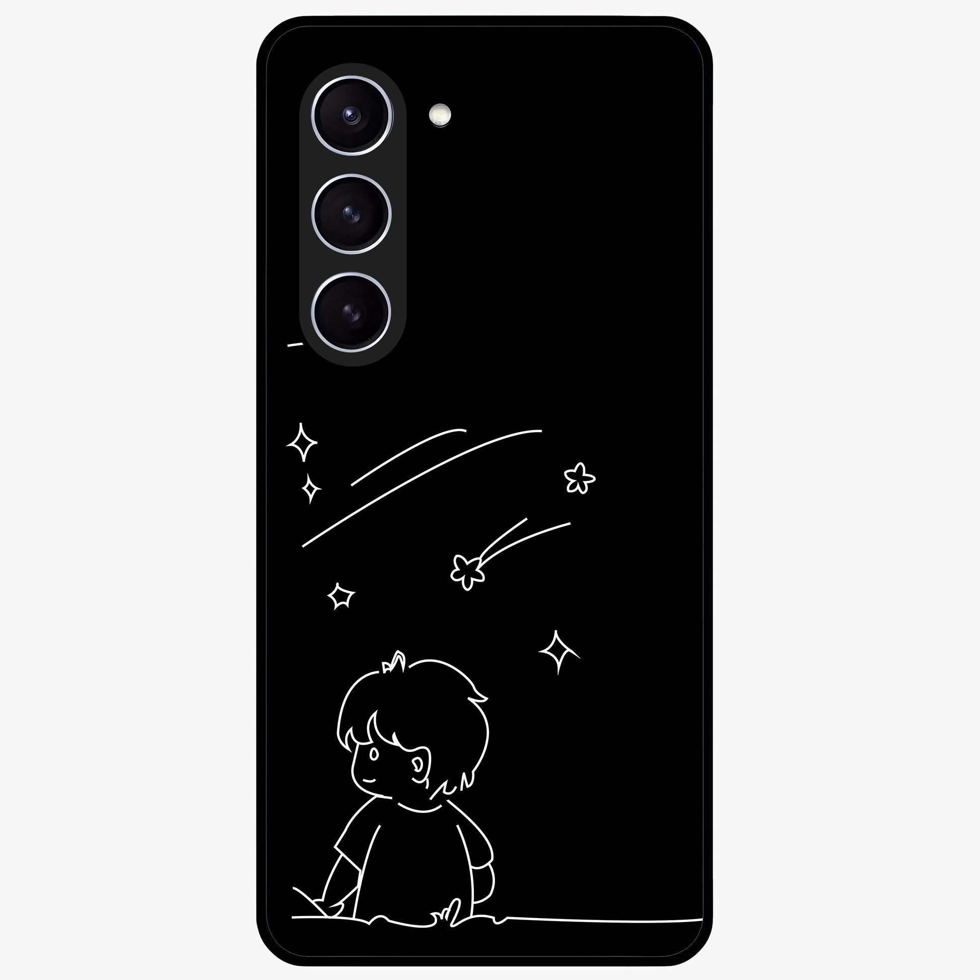 Line Art Boy With Shooting Stars Glass Case showing flat back view with minimal line art boy and shooting stars illustration and glossy glass finish.