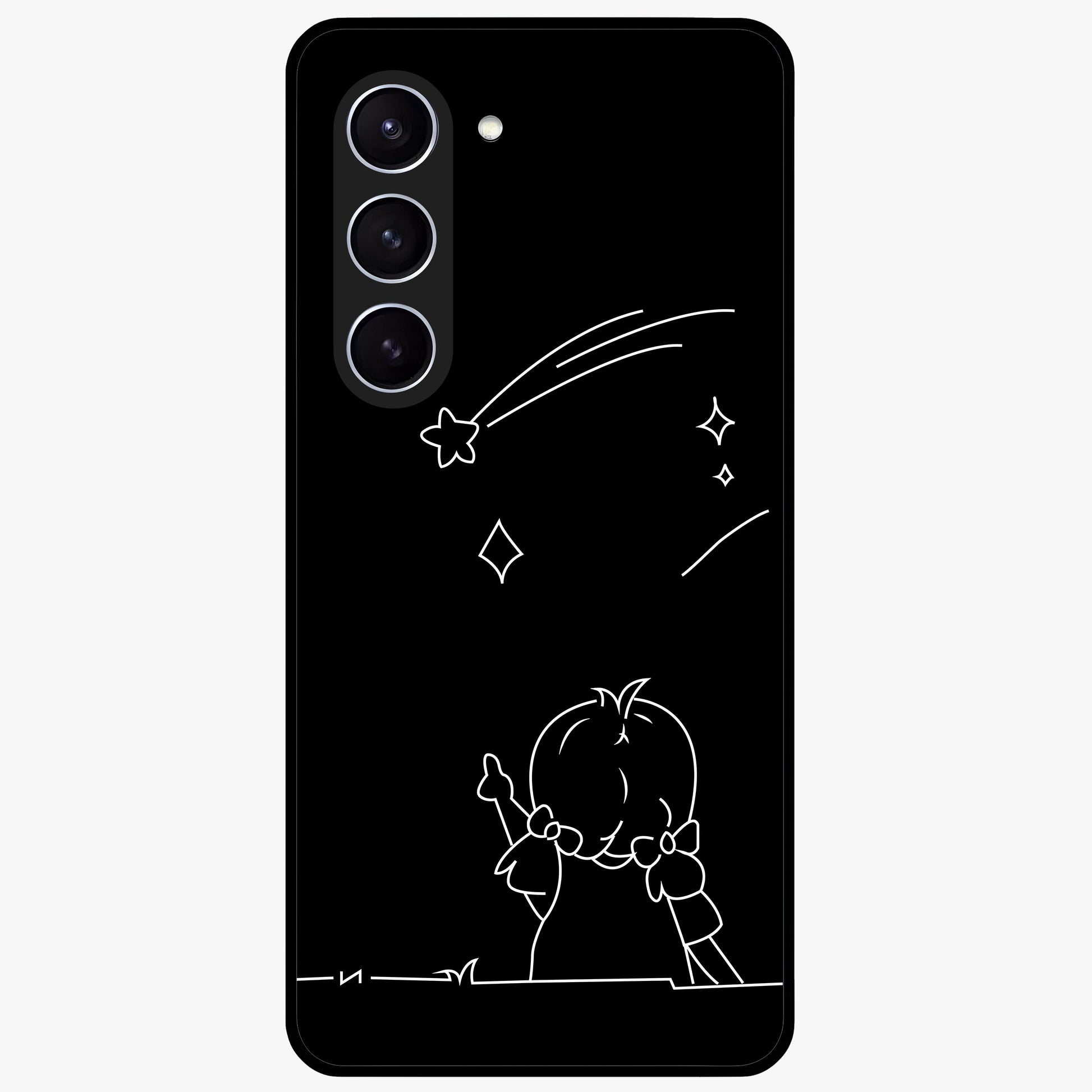 Line Art Girl With Shooting Stars Glass Case showing flat back view with minimal line art girl and shooting stars illustration and glossy glass finish.