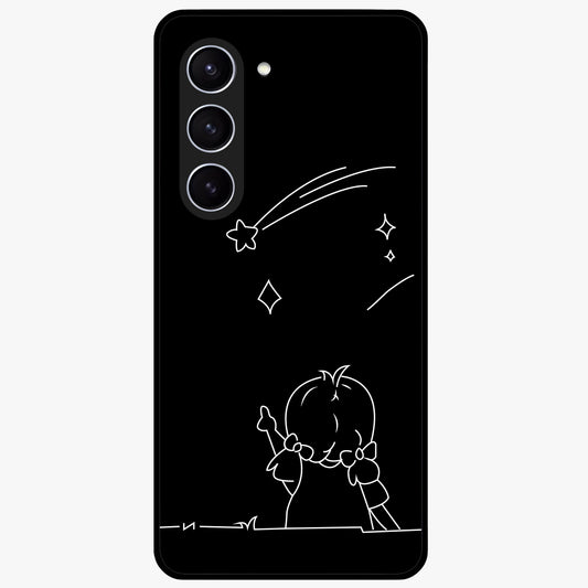 Line Art Girl With Shooting Stars Glass Case showing flat back view with minimal line art girl and shooting stars illustration and glossy glass finish.