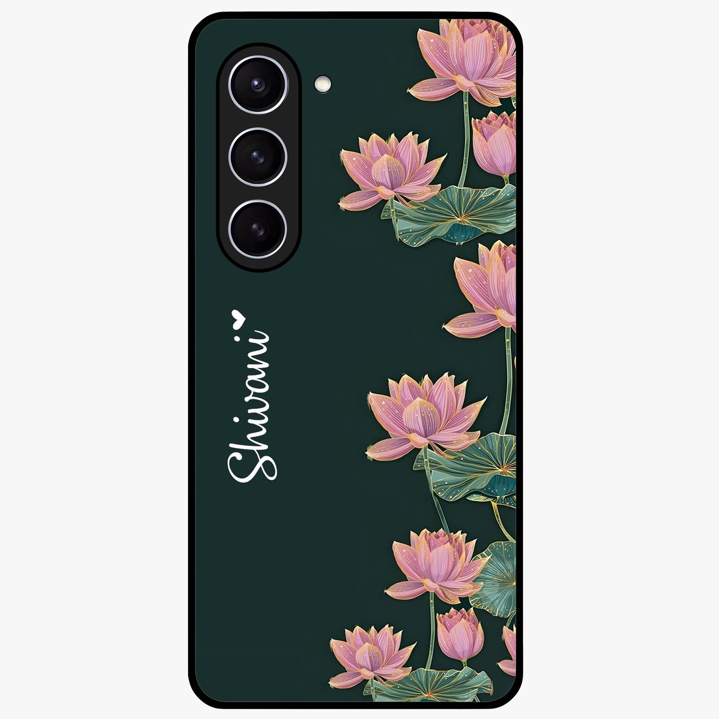 Lotus Bloom Serenity Custom Name Glass Case showing flat back view with elegant lotus flower artwork and personalized name design.