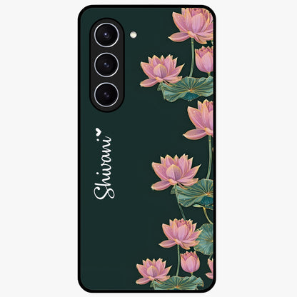 Lotus Bloom Serenity Custom Name Glass Case showing flat back view with elegant lotus flower artwork and personalized name design.